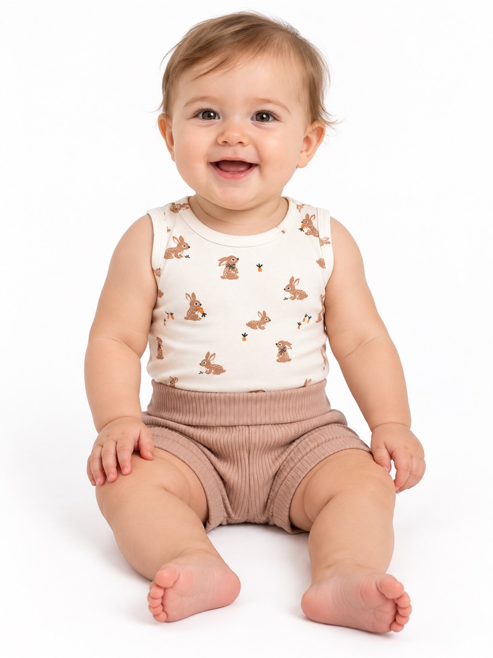 Firsts • 2 pc set Baby Sleeveless Bodysuit in Cream with Bunny Print and shorts